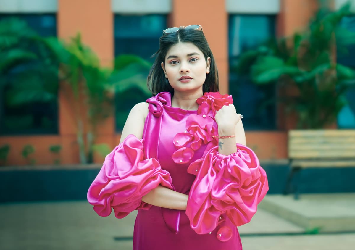 Fuchsia Bloom Satin Dress with 3D Floral Appliqué and Puff Sleeves